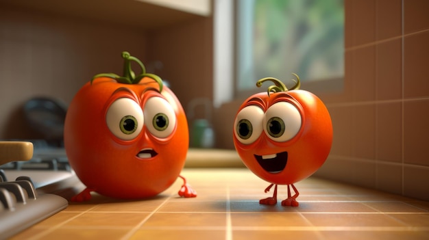 Tomato Friends charlando en una cocina estilo Pixar