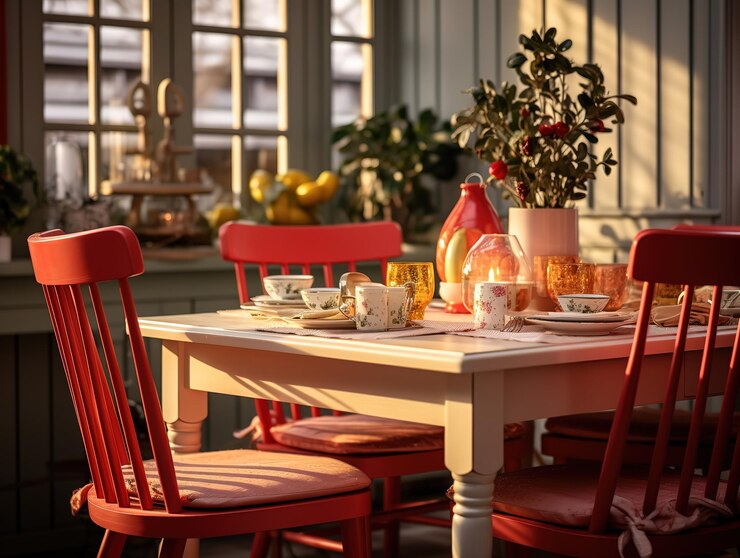 Tome un asiento y sea alegre fotografía recortada de una zona de comedor preparada para el día de Navidad
