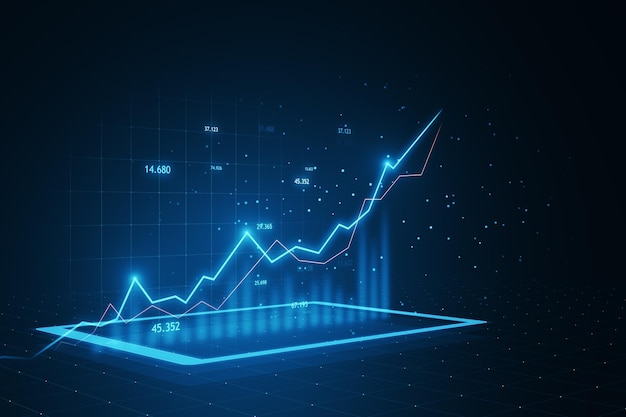 Tome decisiones de inversión informadas con nuestro software avanzado de comercio e inversión Representación 3D de gráficos digitales brillantes del mercado de valores y diagramas financieros sobre fondo tecnológico azul oscuro