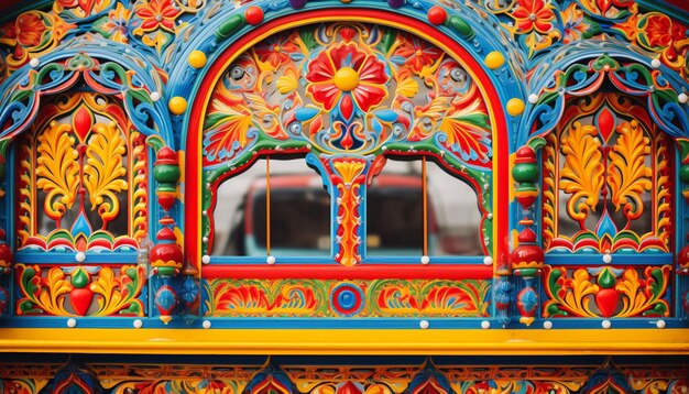 Tome una foto detallada de una pieza de arte de camión paquistaní pintada a mano