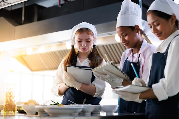 Tome nota en el libro Clase de cocina grupo de aulas culinarias de jóvenes estudiantes multiétnicas felices que se centran en lecciones de cocina en una escuela de cocina