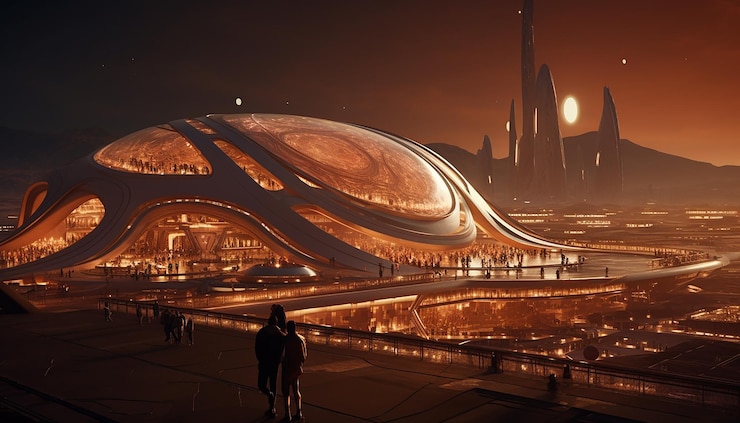 Foto tomorrowland em marte vida futurista e assentamento de colônias no planeta marte