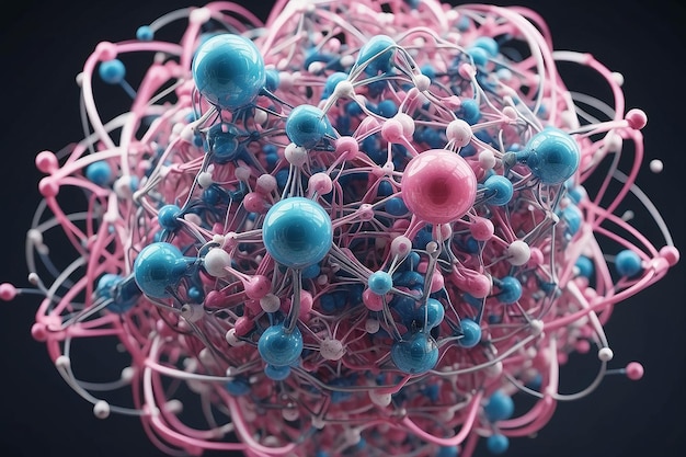 Átomos azuis, cor-de-rosa e brancos que formam a estrutura molecular criada utilizando a tecnologia de IA generativa
