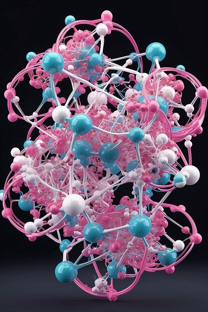 Átomos azuis, cor-de-rosa e brancos que formam a estrutura molecular criada utilizando a tecnologia de IA generativa