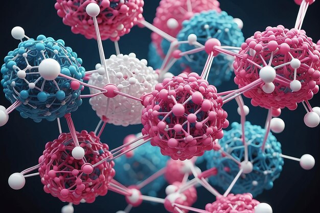 Átomos azuis rosa e brancos formando estrutura molecular criada usando tecnologia generativa de IA