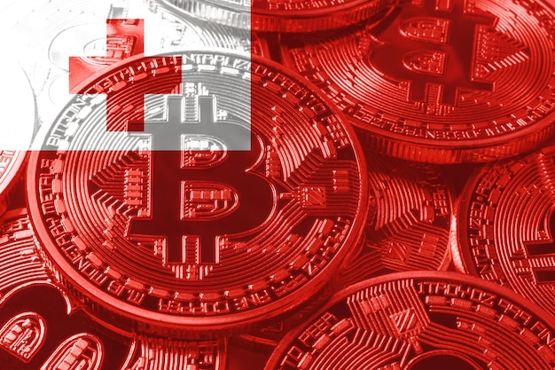 Tonga-Bitcoin-Flagge, Nationalflaggen-Kryptowährungskonzept schwarzer Hintergrund