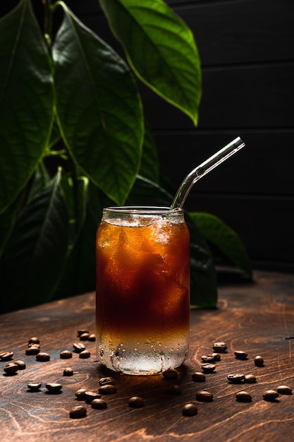 Tónico espresso frío Un vaso alto lleno de cubitos de hielo tónico agua de soda granos de café alrededor de un fondo de madera