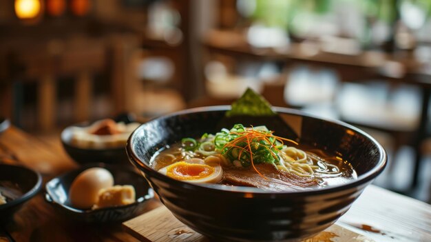 Tonkotsu Ramen contra el telón de fondo de una tienda de fideos japonesa