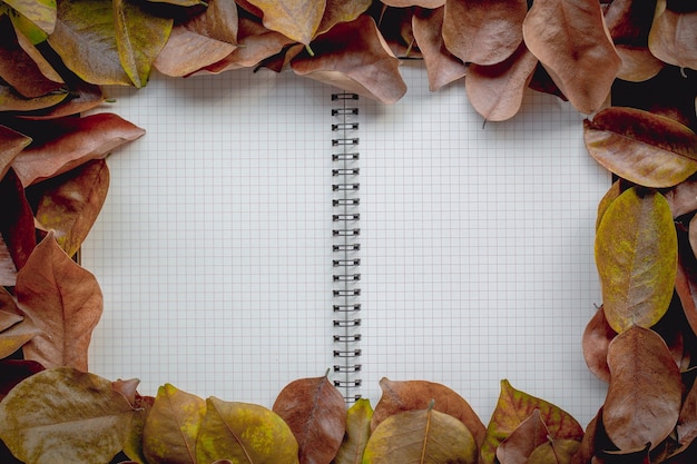 Tono de imagen vintage de fondo de otoño Las hojas de otoño caídas y el cuaderno en la mesa de jardín de madera se pueden usar para agregar un mensaje de texto o una tarjeta de felicitación