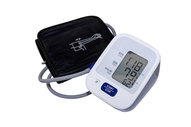 Tonômetro eletrônico médico em fundo branco Monitor de pressão arterial Equipamento de medição de dispositivo de diagnóstico médico