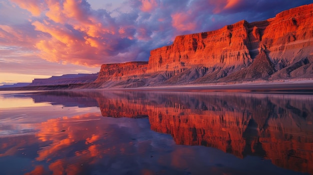 Los tonos del atardecer bailan mientras los acantilados costeros se reflejan en la playa creando una cautivadora vista del crepúsculo