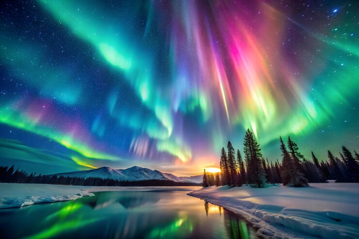 Los tonos de neón iridescentes girando a través del lienzo celeste las estrellas brillan en el fondo