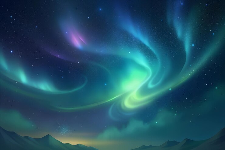Los tonos de neón iridescentes girando a través del lienzo celeste las estrellas brillan en el fondo