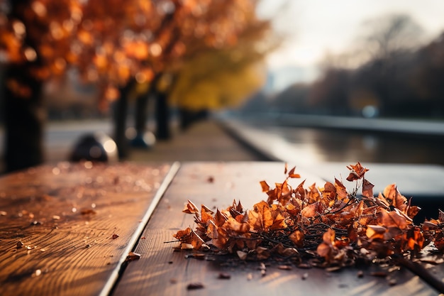 Los tonos de otoño El primer plano de la mesa de madera con un telón de fondo borroso de otoño