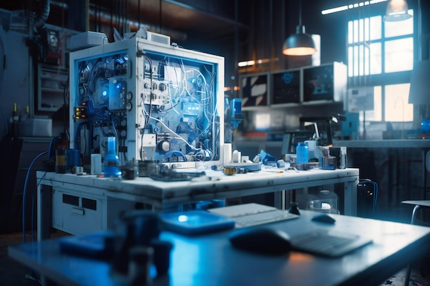 Foto tons de branco e azul se entrelaçam capturando a mentalidade focada de estudantes de engenharia enfrentando desafios práticos no laboratório