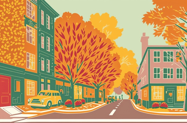 Tons dourados do outono ilustrando estradas suburbanas tranquilas