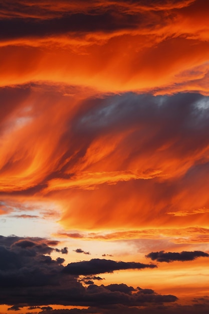 Foto tons laranjas vibrantes iluminam as nuvens no céu ao pôr-do-sol