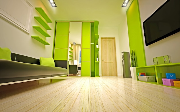 Foto tons verdes brilhantes da sala de estar moderna