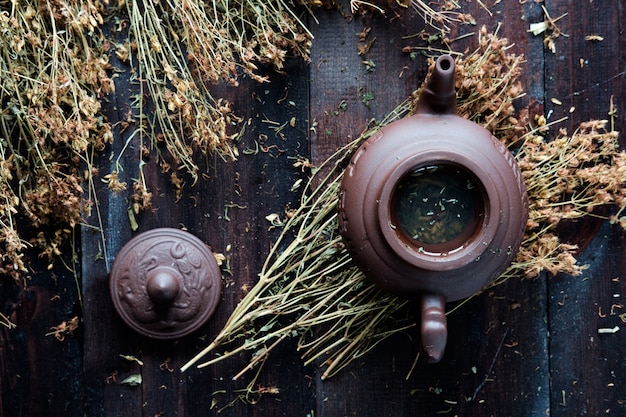 Tonteekanne mit grünem Kräutertee