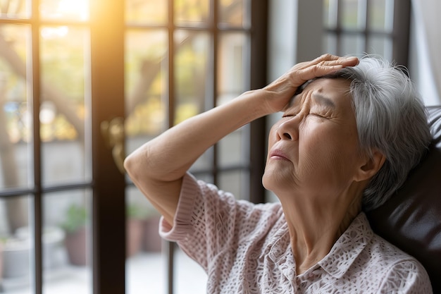 Tonturas ou dores de cabeça de mulher idosa asiática
