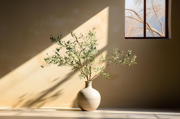 Tonvase mit einem Olivenbaum darin in der Nähe eines sonnendurchfluteten Fensters