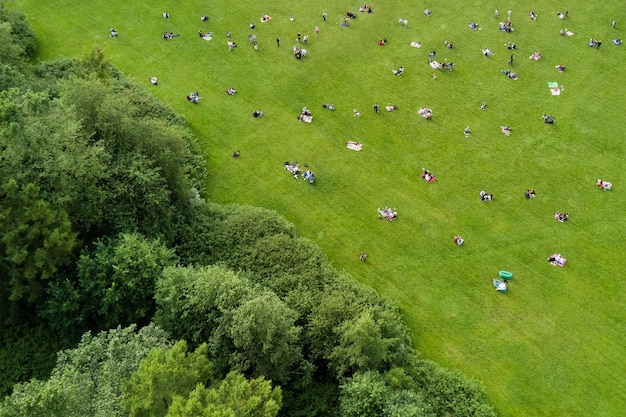 Foto top-ansicht der menschenmenge, die sich auf einem grünen rasen in einem park ausruhen