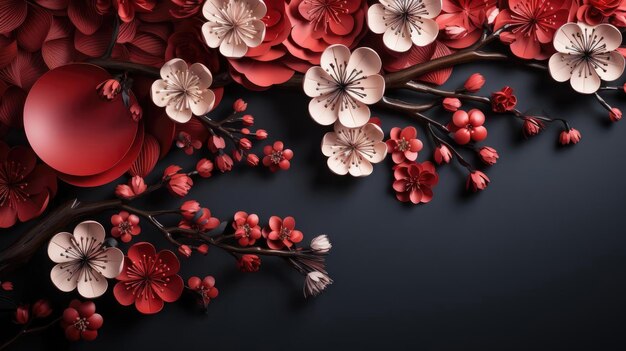 Top-Ansicht des chinesischen Neujahrs mit Blumen-Orangement und rotem Hintergrund