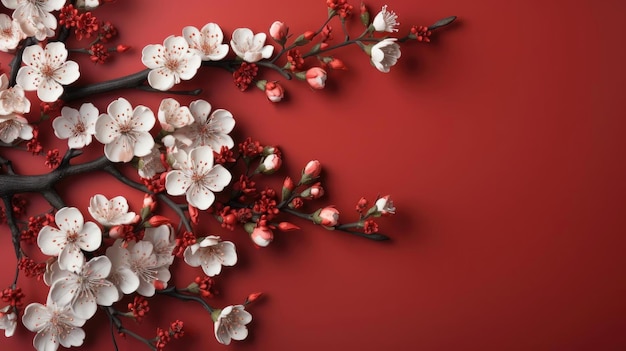 Top-Ansicht des chinesischen Neujahrs mit Blumen-Orangement und rotem Hintergrund