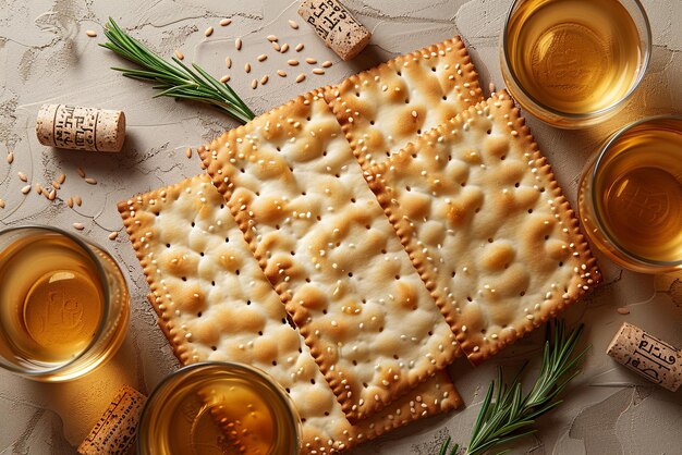 Top-Ansicht des Pessach-Hintergrunds Pessachfeiern mit Wein und Matzah auf beige Hintergrund