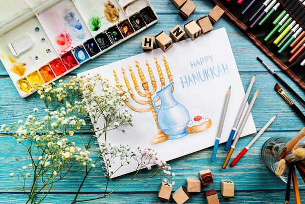 Top-Ansicht einer Aquarellkunst Glücklicher Hanukkah