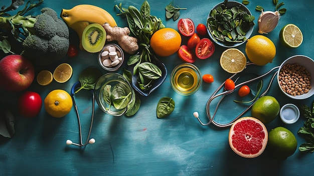 Top-Ansicht einer Fülle von Gemüse und anderen Küchenartikeln vor einem ordentlichen Hintergrund Generative KI