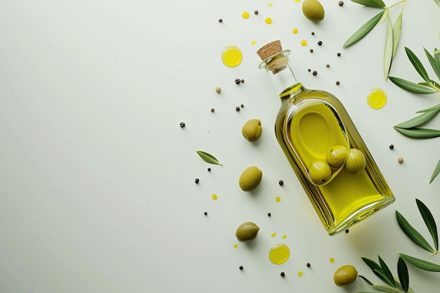 Top-Ansicht einer Glasflasche mit Olivenöl und Oliven, die auf Weiß isoliert sind