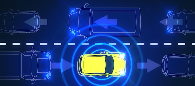 Top-Ansicht eines abstrakten gelben Autos auf digitalem blauen Hintergrund Standort, Transport- und Navigationskonzept 3D-Rendering