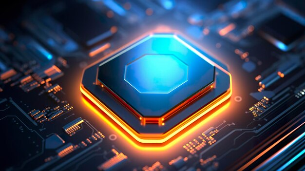 Top-Ansicht eines Chips mit glühendem Licht und Nebel in Orange und Blau AI Generative