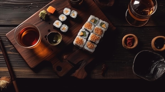 Top-Ansicht eines japanischen Sushi auf einem Holztisch generative KI