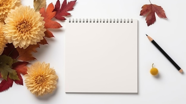 Top-Ansicht eines leeren Notizbuchs mit Herbstblättern und Bleistift auf weißem Hintergrund Mockup-Design