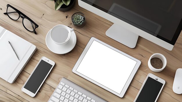 Top-Ansicht eines Schreibtisches mit einem Computer, einem Tablet, einem Smartphone, einer Tastatur, einer Maus, einem Notebook, einer Kaffeetasse und Pflanzen