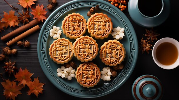 Top-Ansicht eines Tisches chinesischer Mondkuchen zusammen mit einer Tasse Oolong-Tee mit blau-cyanem Hintergrund