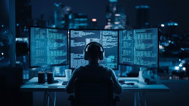 Top-Ansicht eines unerkennbaren Hackers, der nachts einen Cyberangriff durchführt
