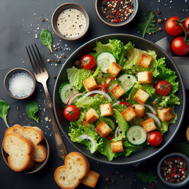 Top-Ansicht leckerer Caesarsalat mit Rüschen und Gewürzen auf dem dunklen Schreibtisch Salat Essen Mahlzeit Mittagessen Gemüse