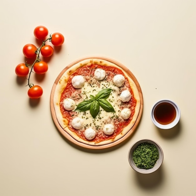 Foto top-ansicht minimalistisch einer isolierten margherita mit olive tapenade-pizza