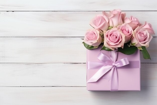 Foto top-ansicht rosa rosen und geschenkkiste auf weißem holztischgenerative ai