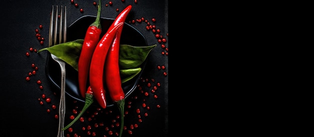 Top-Ansicht rot reife Chili-Pfeffer Gemüse und Gabel auf schwarzem Hintergrund Erzeugen Sie ein KI-Bild