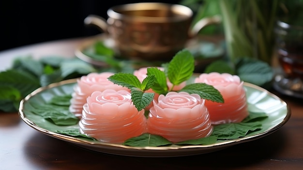 Top-Ansicht süße rosa Jelly-Rose-Form Thai-Dessert in grünem Bananenblattbecher mit Desserthintergrund