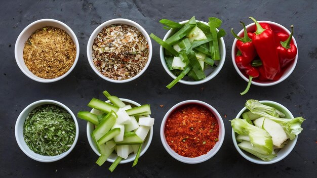 Top-Ansicht verschiedene Gewürze mit frischem Gemüse auf einer dunklen Oberfläche scharfer Pfeffer Salat Gesundheit