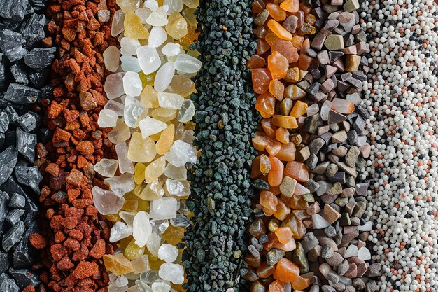 Top-Ansicht verschiedener Arten und Farben von Steinen Mini-Felsen als Reihe in einem sauberen Hintergrund oder einem Natur-Hintergrund Generative KI