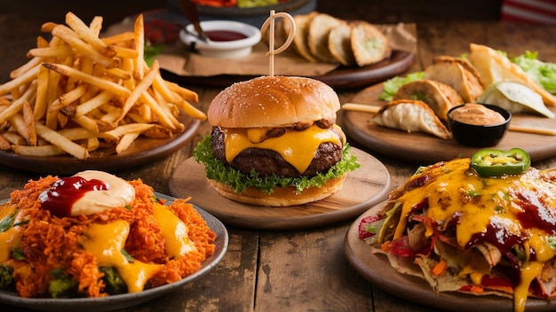 Top-Ansicht verschiedener Fastfoods auf einem Holztisch