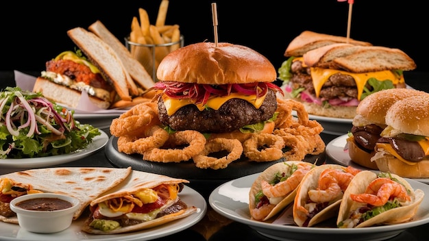 Top-Ansicht verschiedener Fastfoods auf einem Holztisch