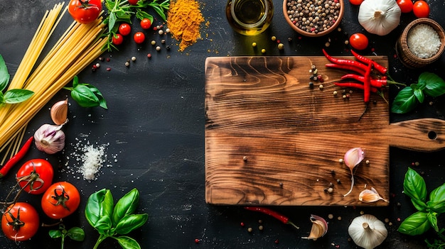 Top-Ansicht verschiedener Gewürze mit Kräutern und Gewürzen auf einem schwarzen Holztisch