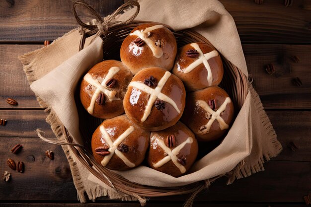 Top-Ansicht von duftenden traditionellen Ostern heißen Kreuzbrötchen auf einem Holztisch